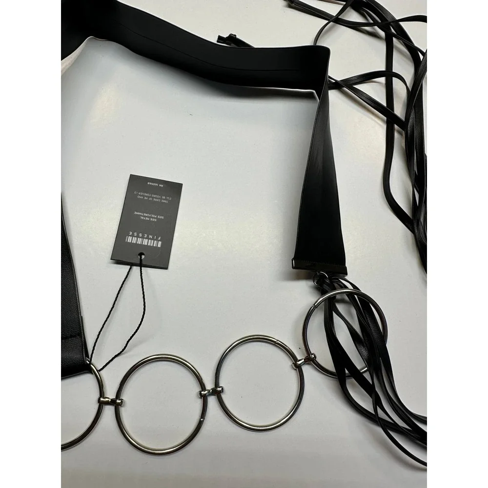 Finesse Abeni Black‎ Faux Leather Ring Belt Silver Tone O-Ring Wrap Tie OSS NEW